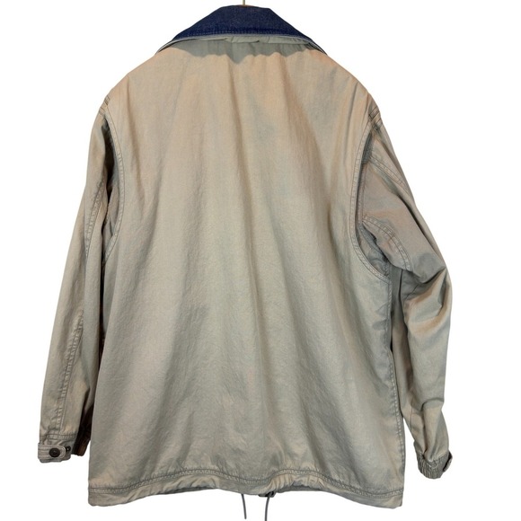 Vintage Tan Canvas Utility Jacket Denim Collar Utility Pockets Tool Straps Large - Picture 4 of 14